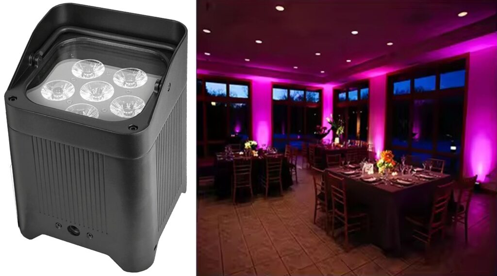 PAR LED sur batterie pour éclairage événementiel, installation rapide et sans câblage, RGBWA+UV