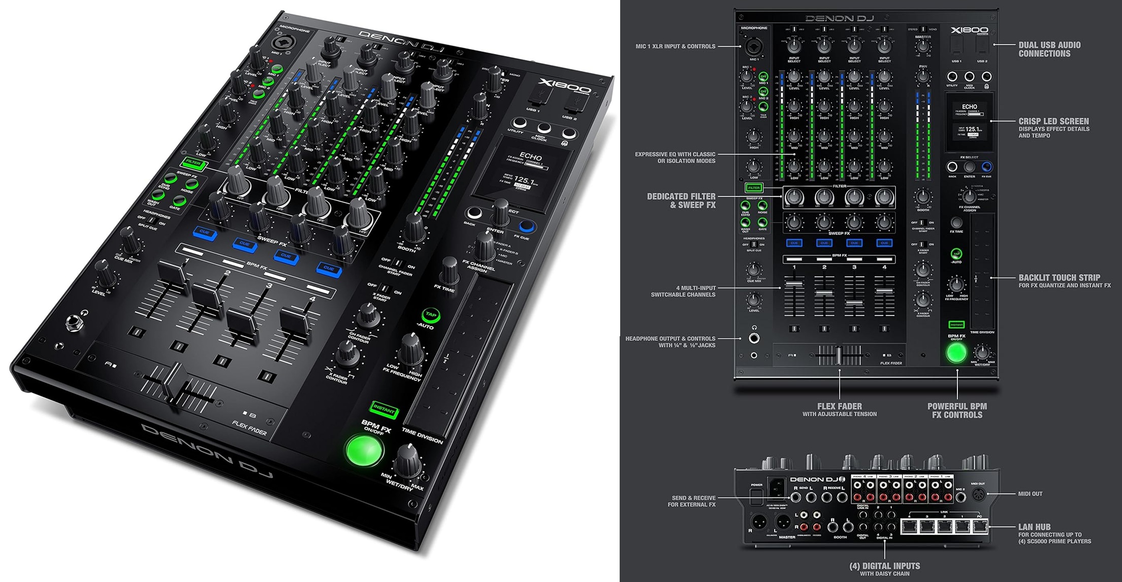 Table de mixage DJ professionnelle Denon DJ X1800 Prime 4 voies avec effets intégrés, double USB audio et connectivité avancée pour prestations événementielles premium