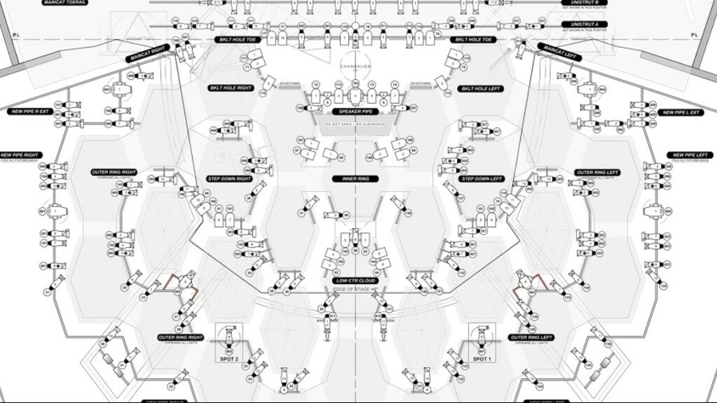 Plan d'implantation technique et plan de feu détaillé réalisé sur Vectorworks Spotlight pour la régie d'un événement à Paris
