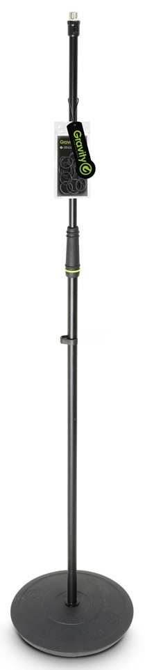 Pied de microphone droit Gravity MS 23 avec embase ronde en fonte, isolation acoustique en caoutchouc et bague de serrage ergonomique, pour événements corporate et scènes.